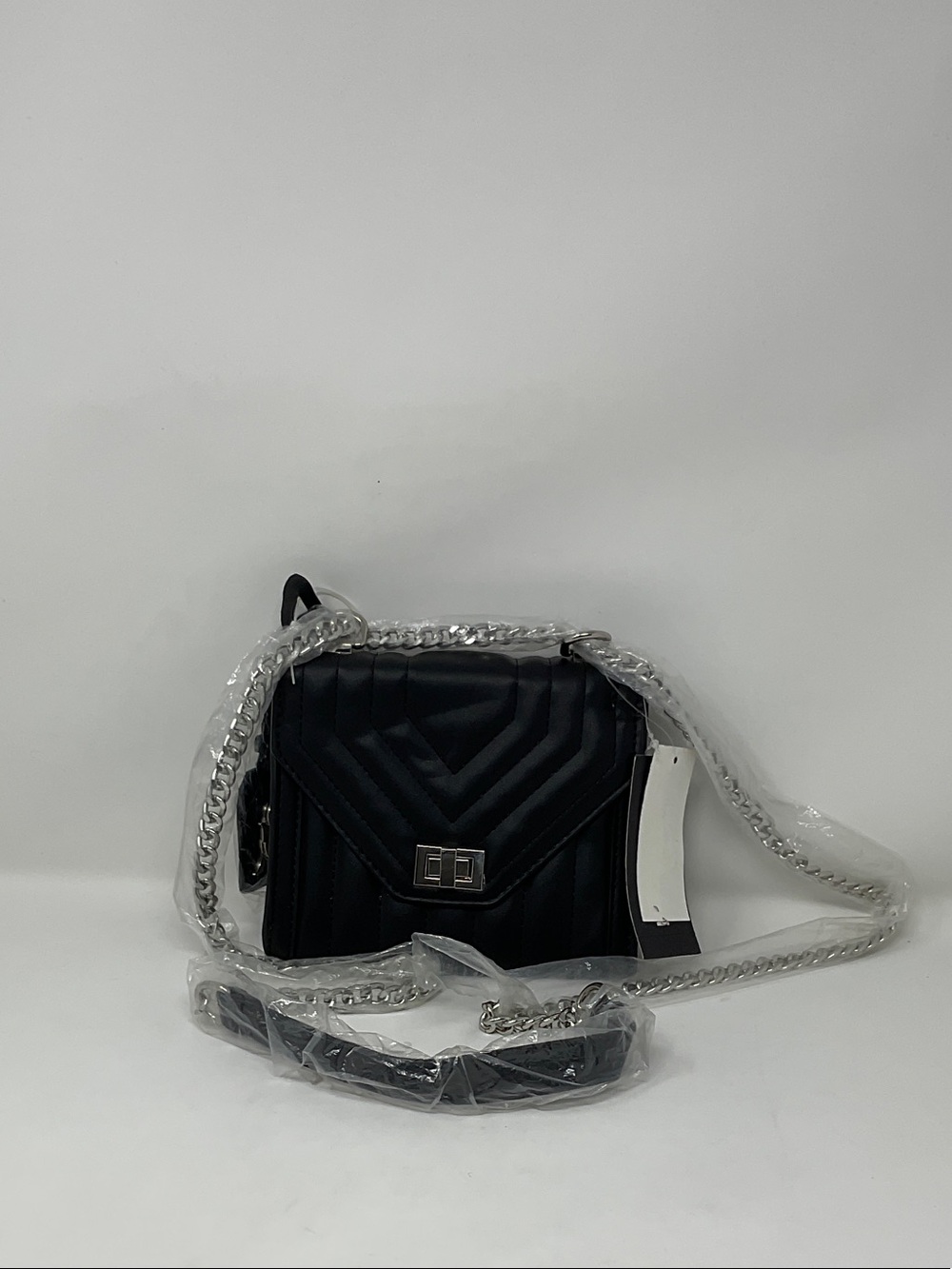 Steve Madden Black Quilted Crossbody with Silver Chain